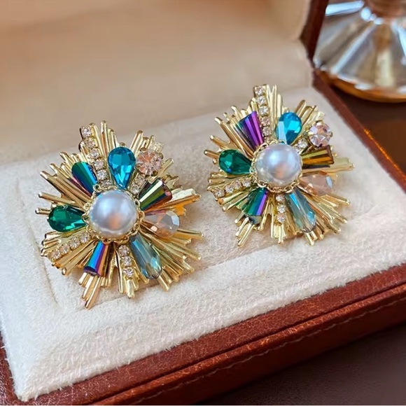 Anthropologie Jewelry - Anthropologie Gold Earrings with Multicolor Gems